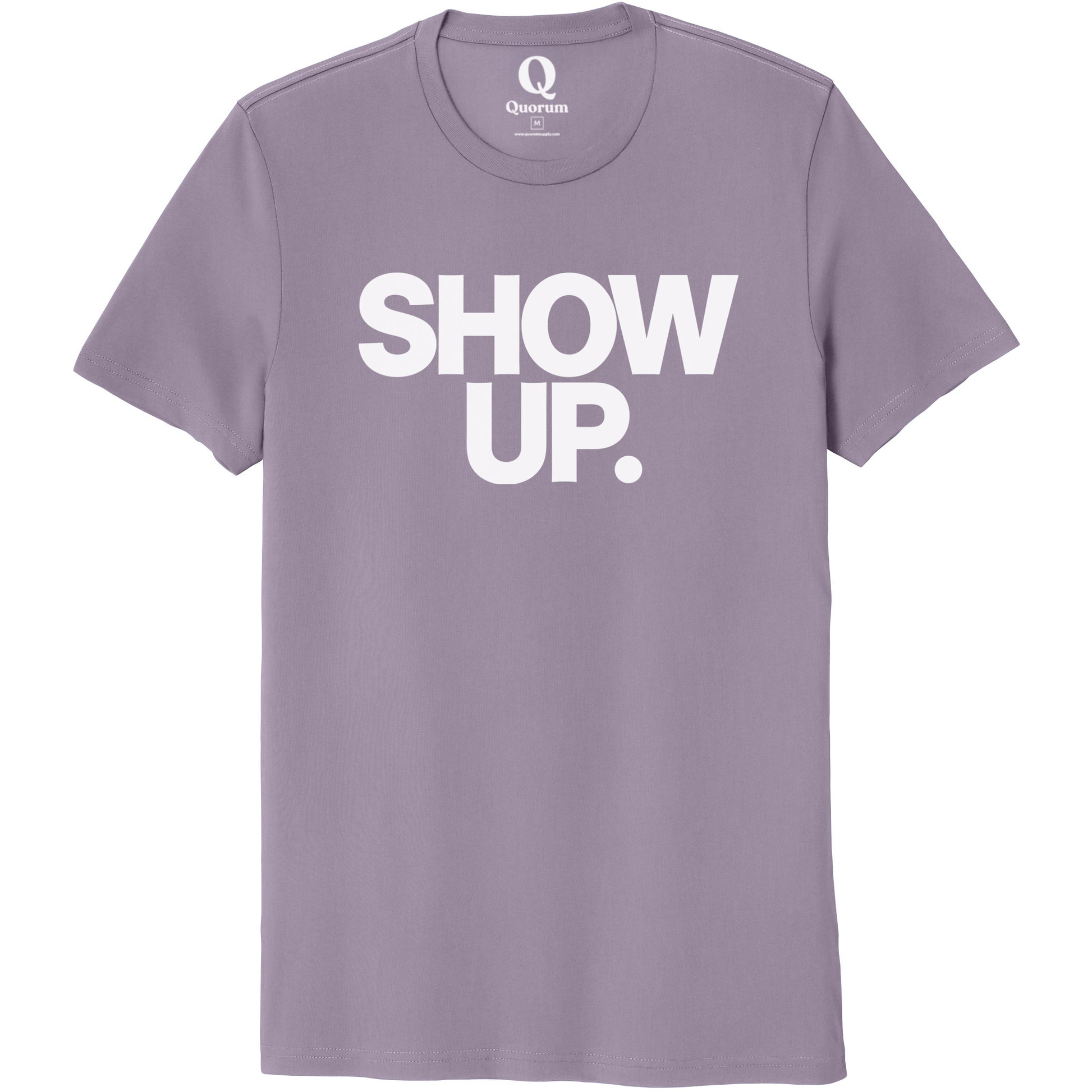 "Show up. Stand up. Suit up." Quorum Unisex 100% Organic Cotton Tee editorial print in Cosmic Purple