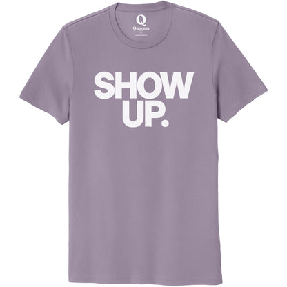 "Show up. Stand up. Suit up." Quorum Unisex 100% Organic Cotton Tee editorial print in Cosmic Purple