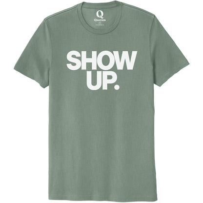 "Show up. Stand up. Suit up." Quorum Unisex 100% Organic Cotton Tee editorial print in Matcha Green