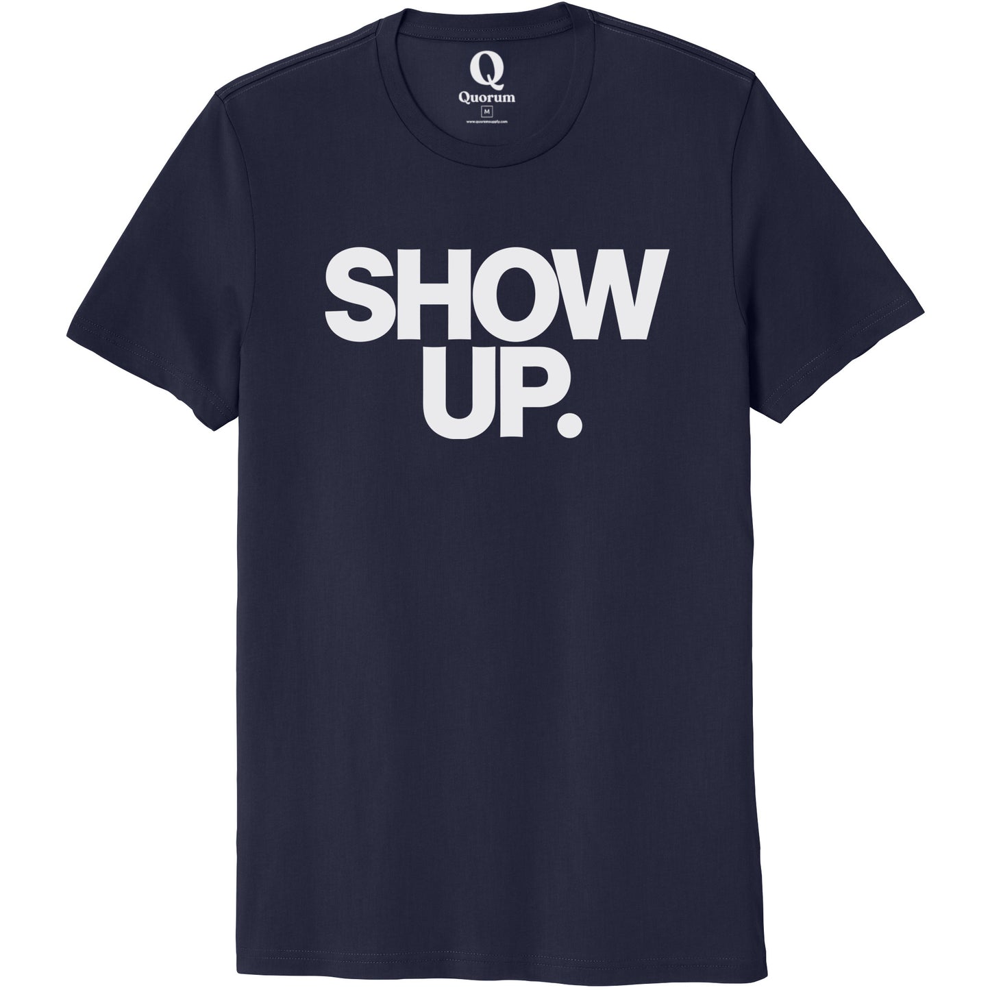 "Show up. Stand up. Suit up." Quorum Unisex 100% Organic Cotton Tee editorial print in Night Sky Navy