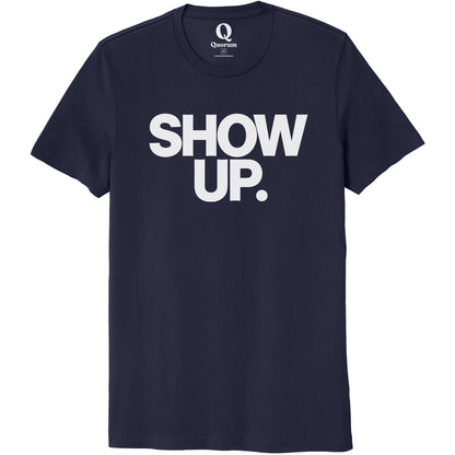 "Show up. Stand up. Suit up." Quorum Unisex 100% Organic Cotton Tee editorial print in Night Sky Navy