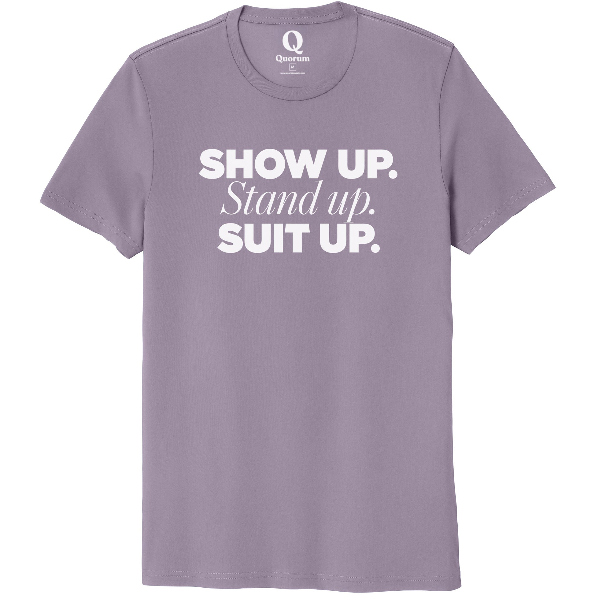 "Show Up." Quorum Unisex 100% Organic Cotton Tee editorial print in Cosmic Purple