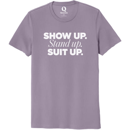 "Show Up." Quorum Unisex 100% Organic Cotton Tee editorial print in Cosmic Purple