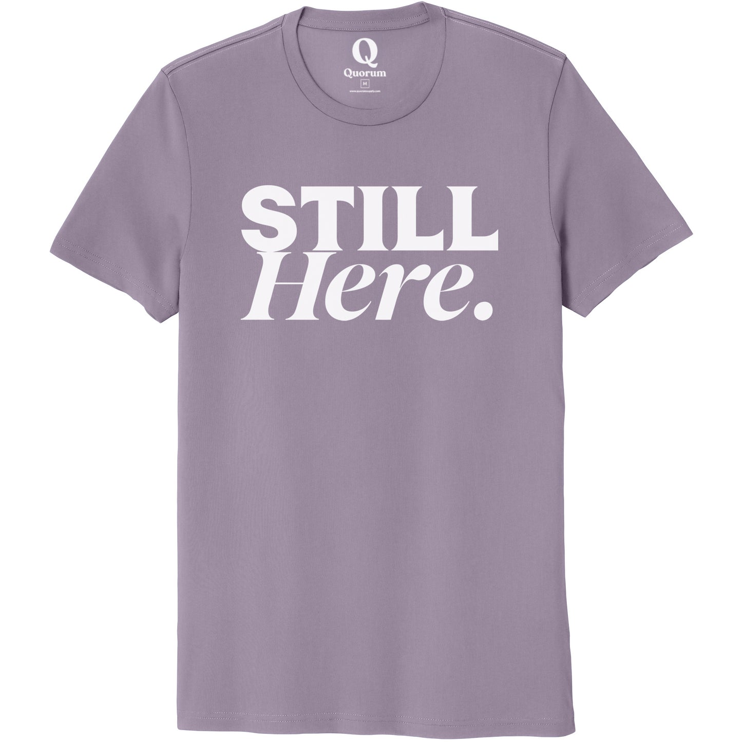 "Still Here." Quorum Unisex 100% Organic Cotton Tee editorial print in Cosmic Purple