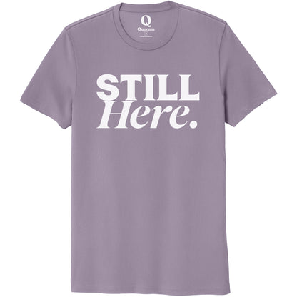 "Still Here." Quorum Unisex 100% Organic Cotton Tee editorial print in Cosmic Purple