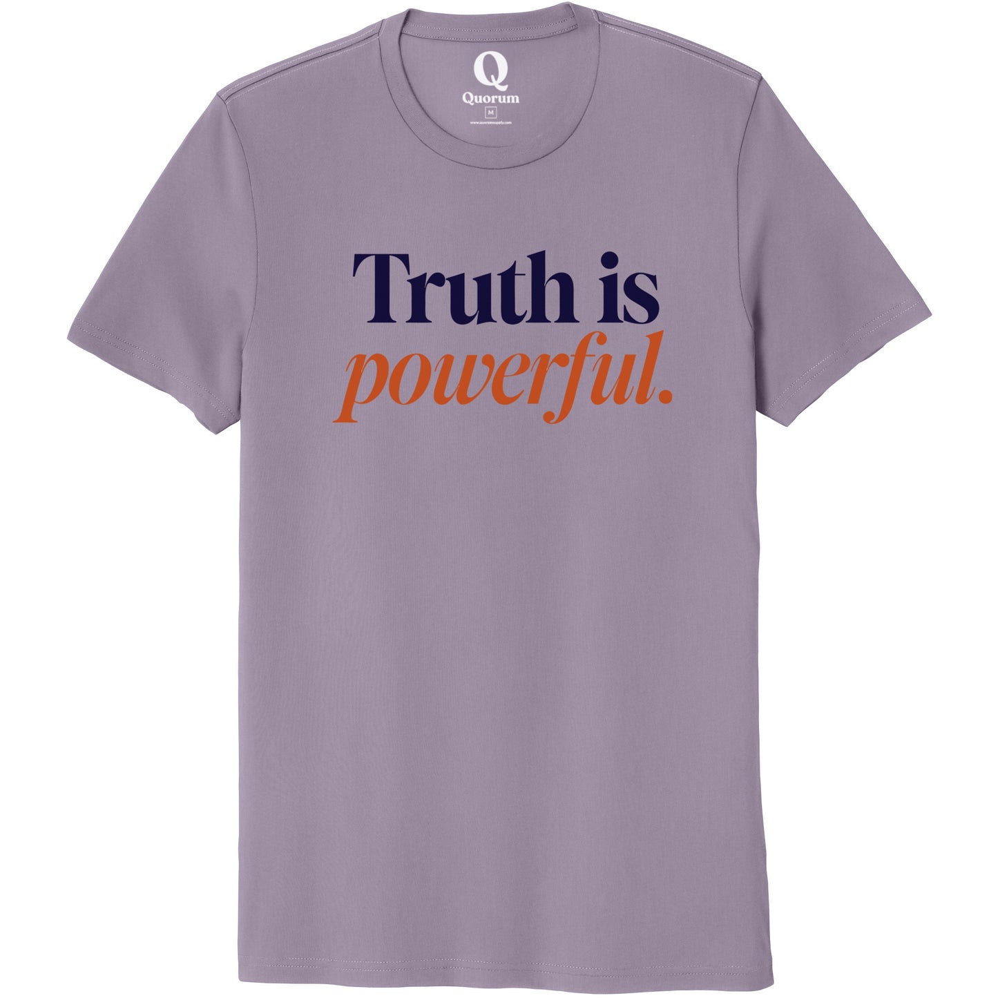 "Truth is powerful." Quorum Unisex 100% Organic Cotton Tee front print in Cosmic Purple