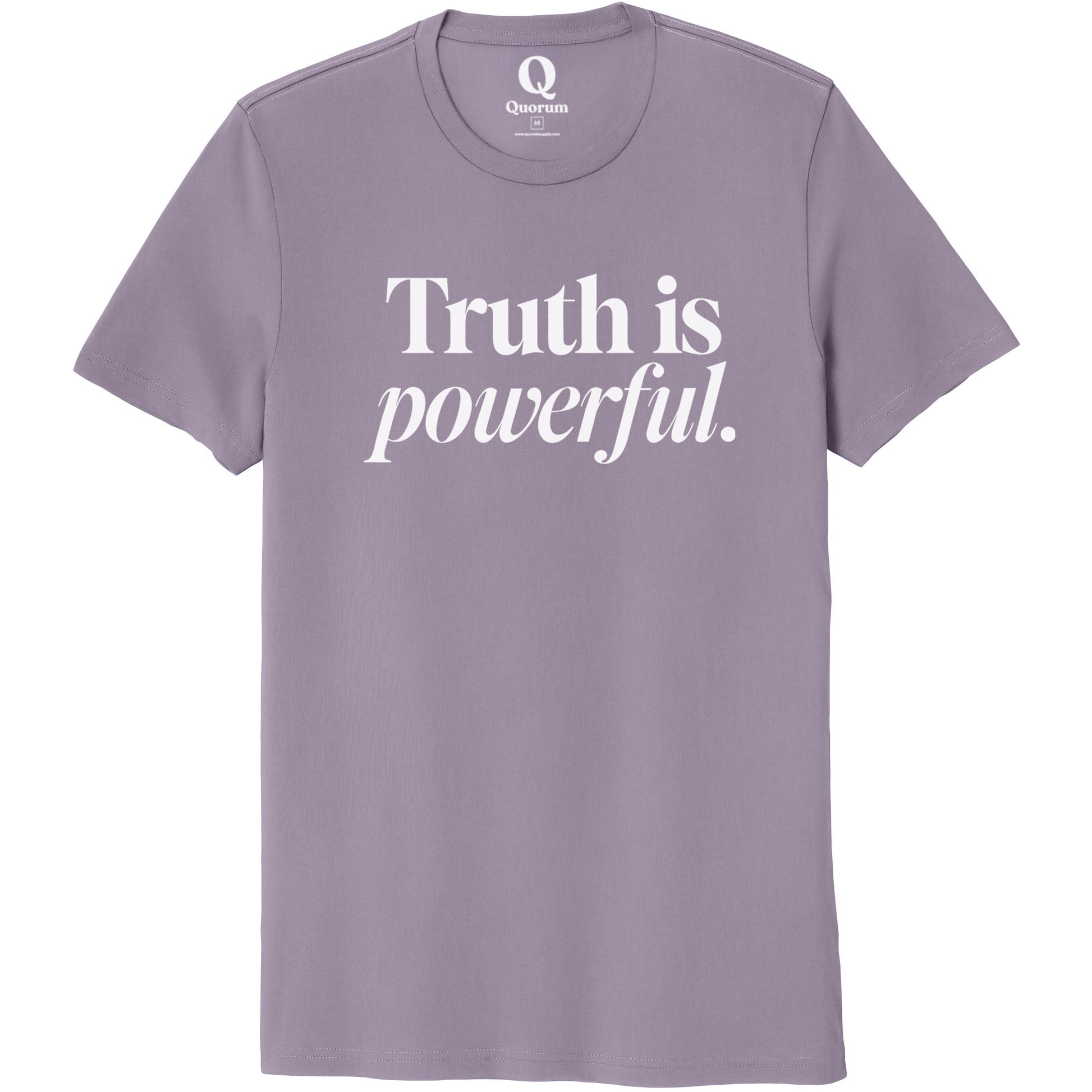 "Truth is powerful." Quorum Unisex 100% Organic Cotton Tee editorial print in Cosmic Purple