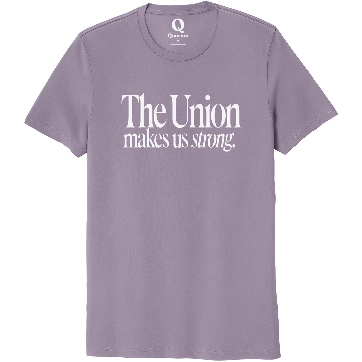 "The Union makes us strong." Quorum Unisex 100% Organic Cotton Tee editorial print in Cosmic Purple