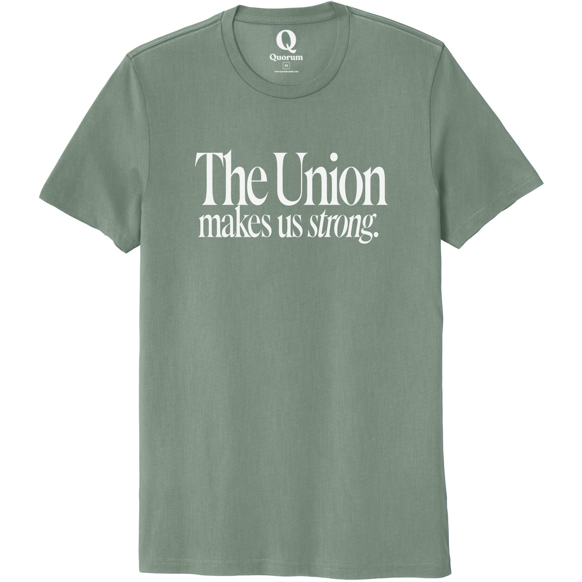 "The Union makes us strong." Quorum Unisex 100% Organic Cotton Tee editorial print in Matcha Green