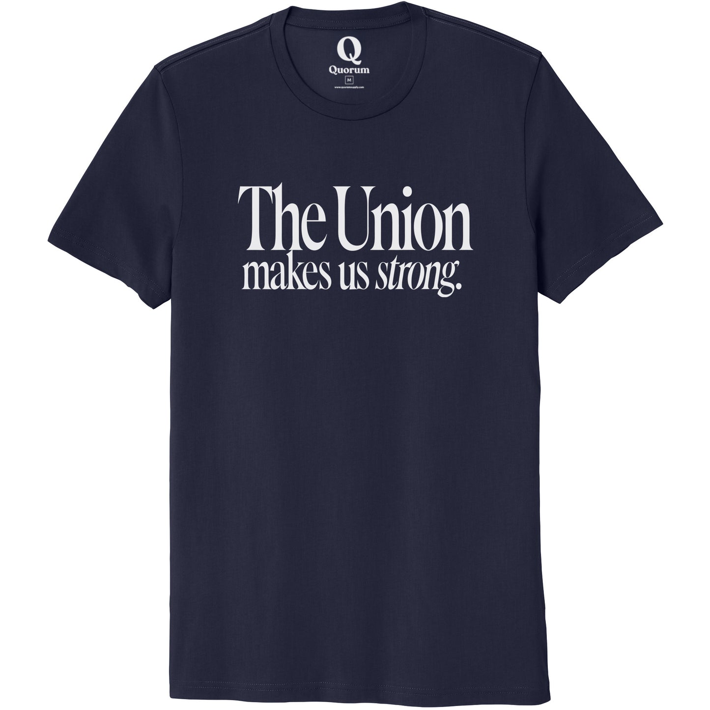 "The Union makes us strong." Quorum Unisex 100% Organic Cotton Tee editorial print in Night Sky Navy