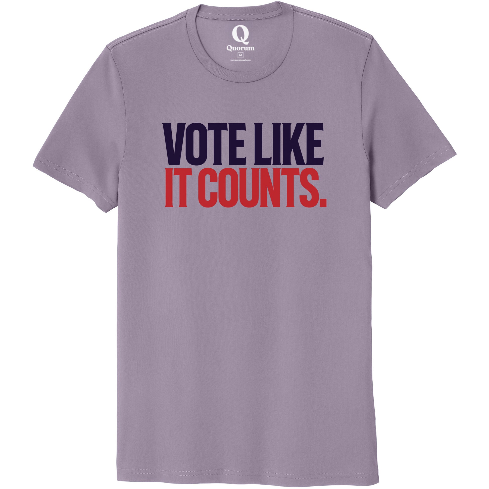 "Vote like it counts." Quorum Unisex 100% Organic Cotton Tee front print in Cosmic Purple