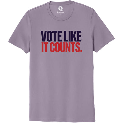 "Vote like it counts." Quorum Unisex 100% Organic Cotton Tee front print in Cosmic Purple