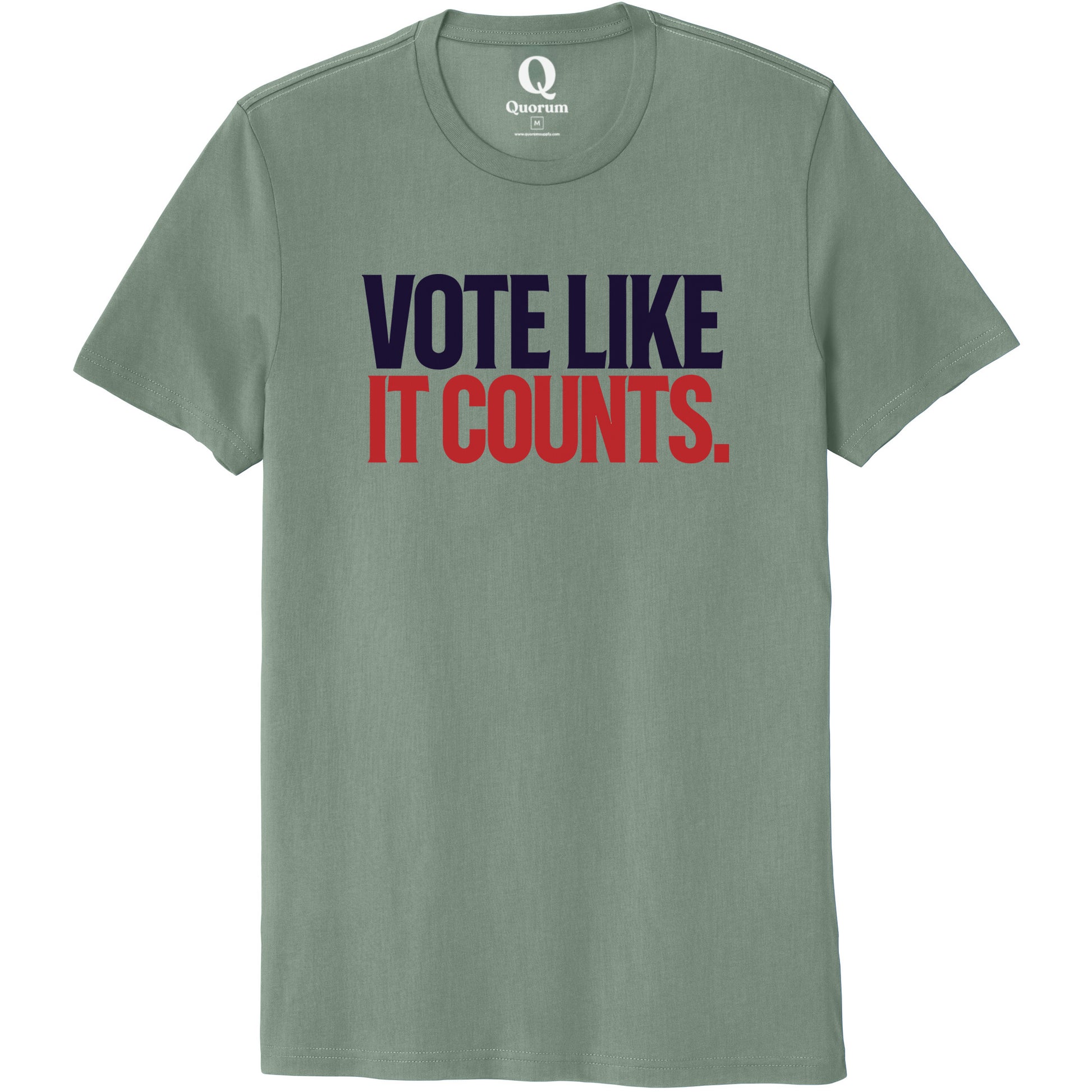 "Vote like it counts." Quorum Unisex 100% Organic Cotton Tee front print in Matcha Green