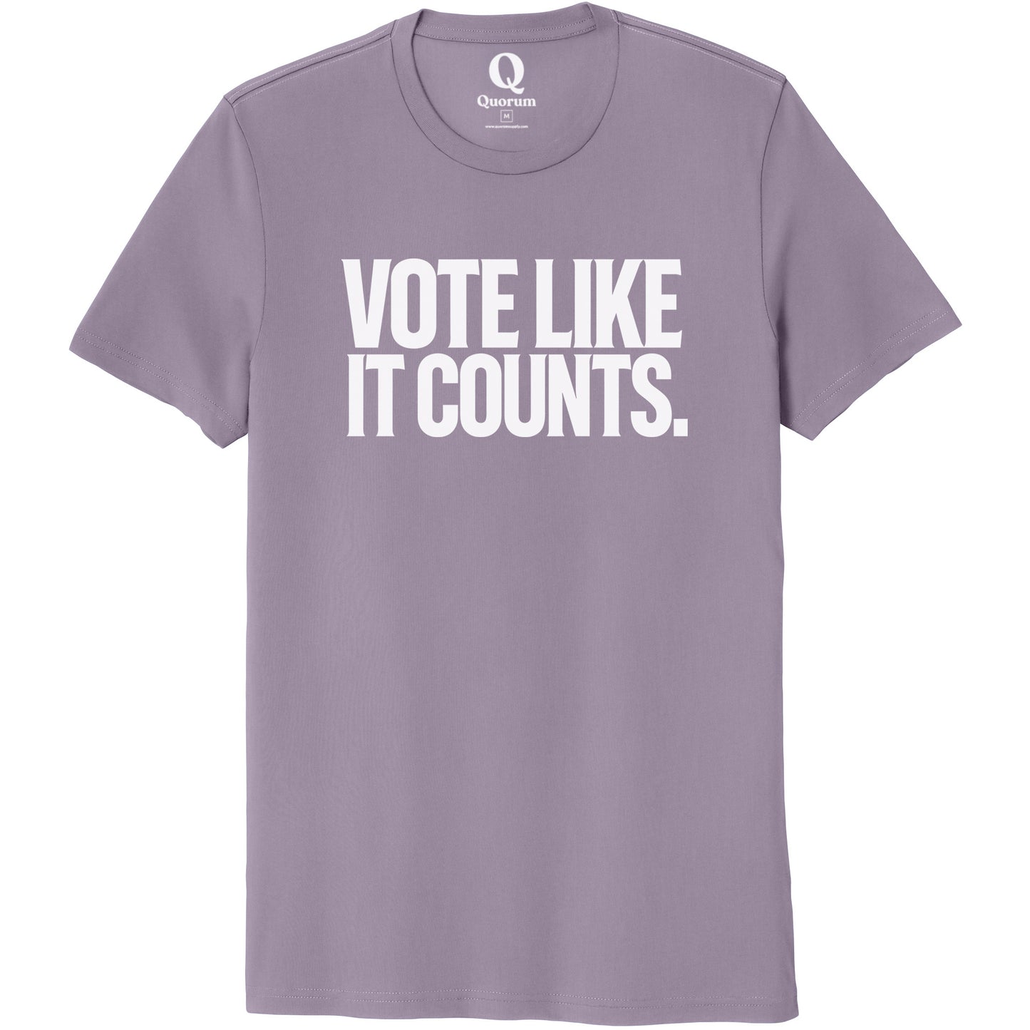 "Vote like it counts." Quorum Unisex 100% Organic Cotton Tee editorial print in Cosmic Purple