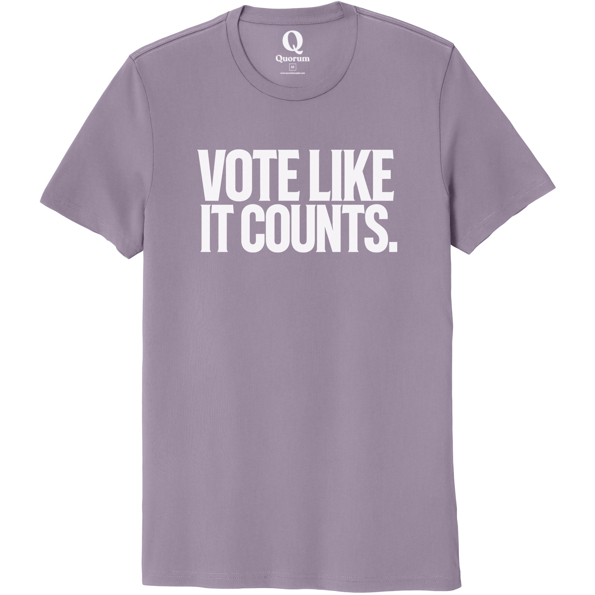 "Vote like it counts." Quorum Unisex 100% Organic Cotton Tee editorial print in Cosmic Purple