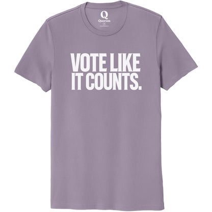 "Vote like it counts." Quorum Unisex 100% Organic Cotton Tee editorial print in Cosmic Purple