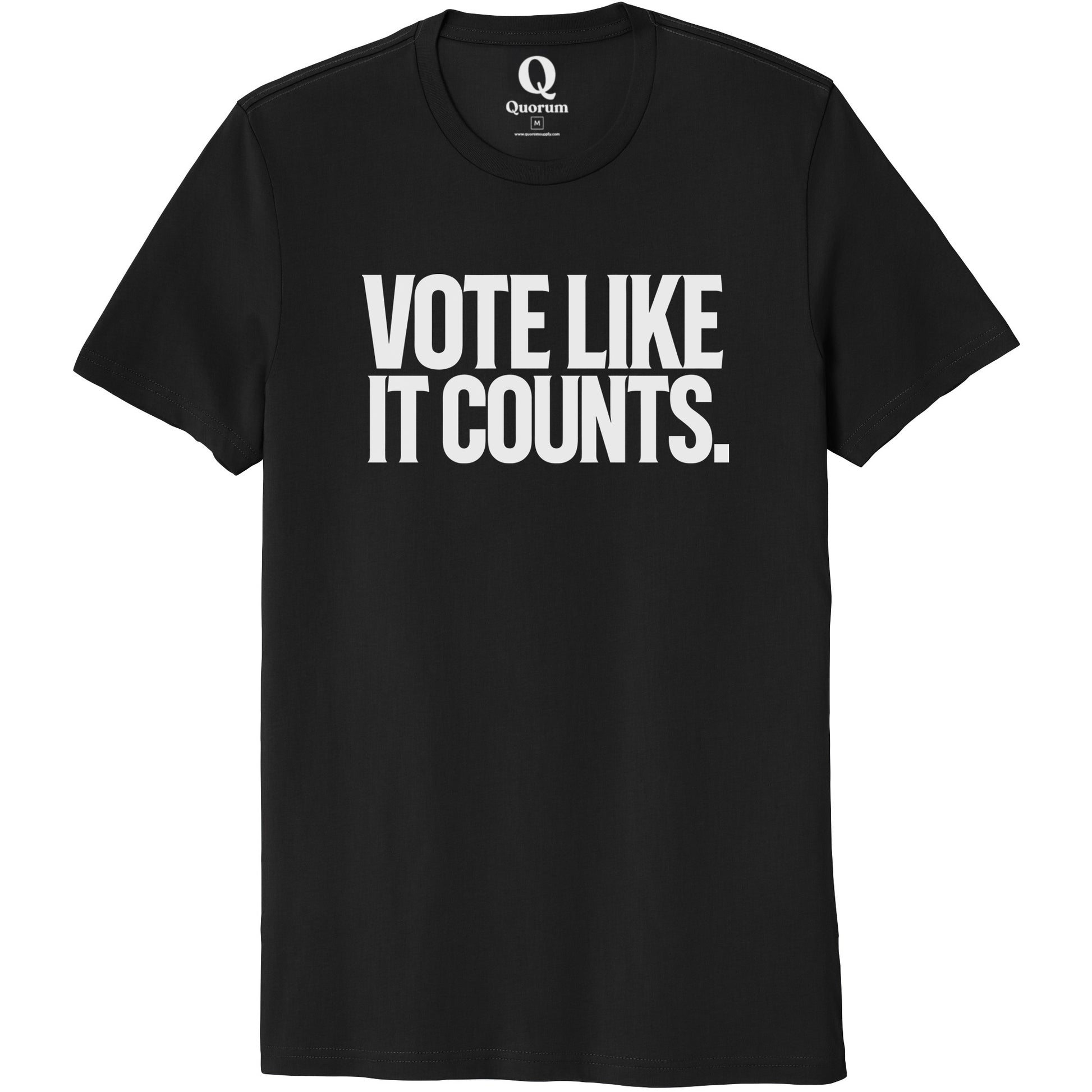 "Vote like it counts." Quorum Unisex 100% Organic Cotton Tee editorial print in Deep Black