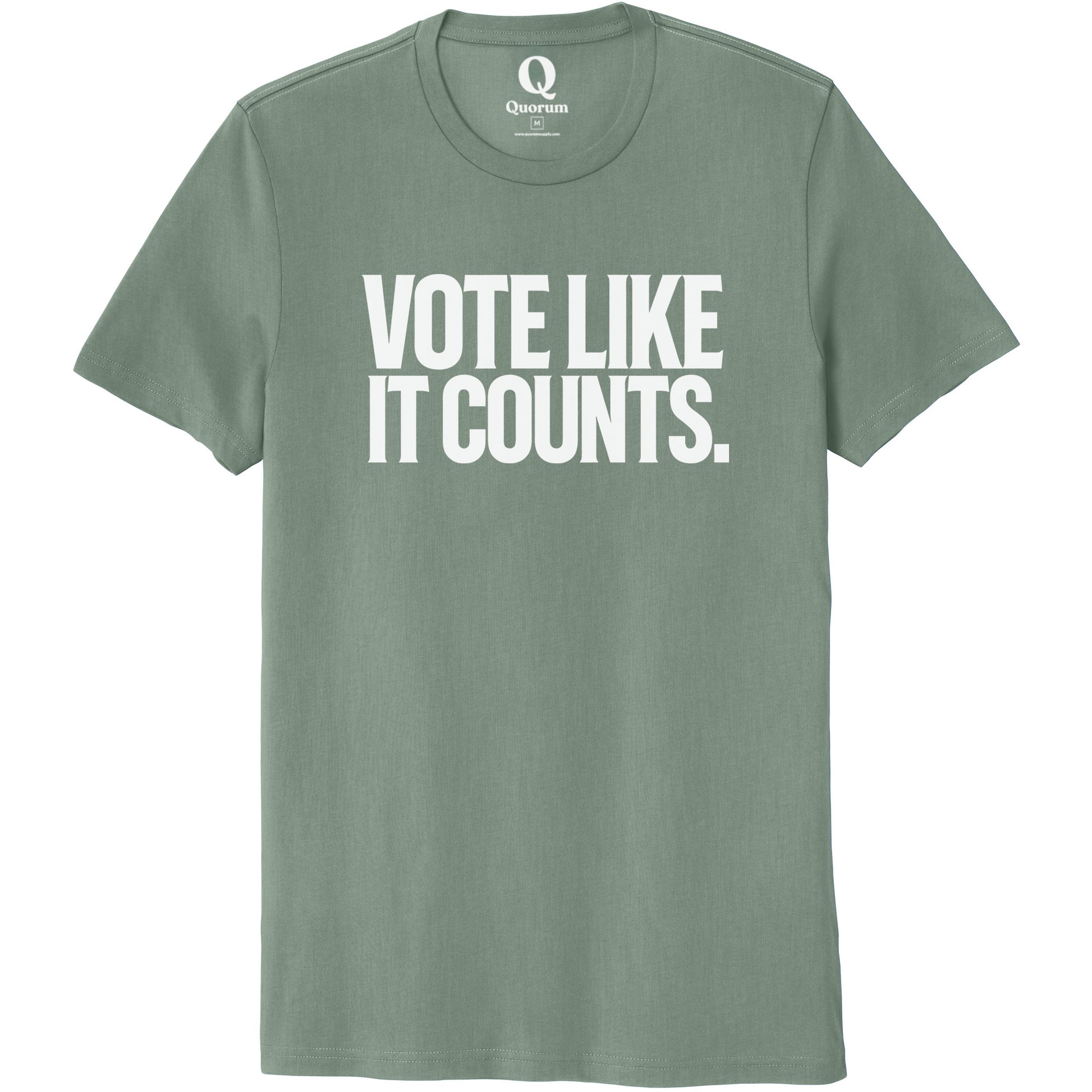 "Vote like it counts." Quorum Unisex 100% Organic Cotton Tee editorial print in Matcha Green