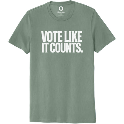 "Vote like it counts." Quorum Unisex 100% Organic Cotton Tee editorial print in Matcha Green