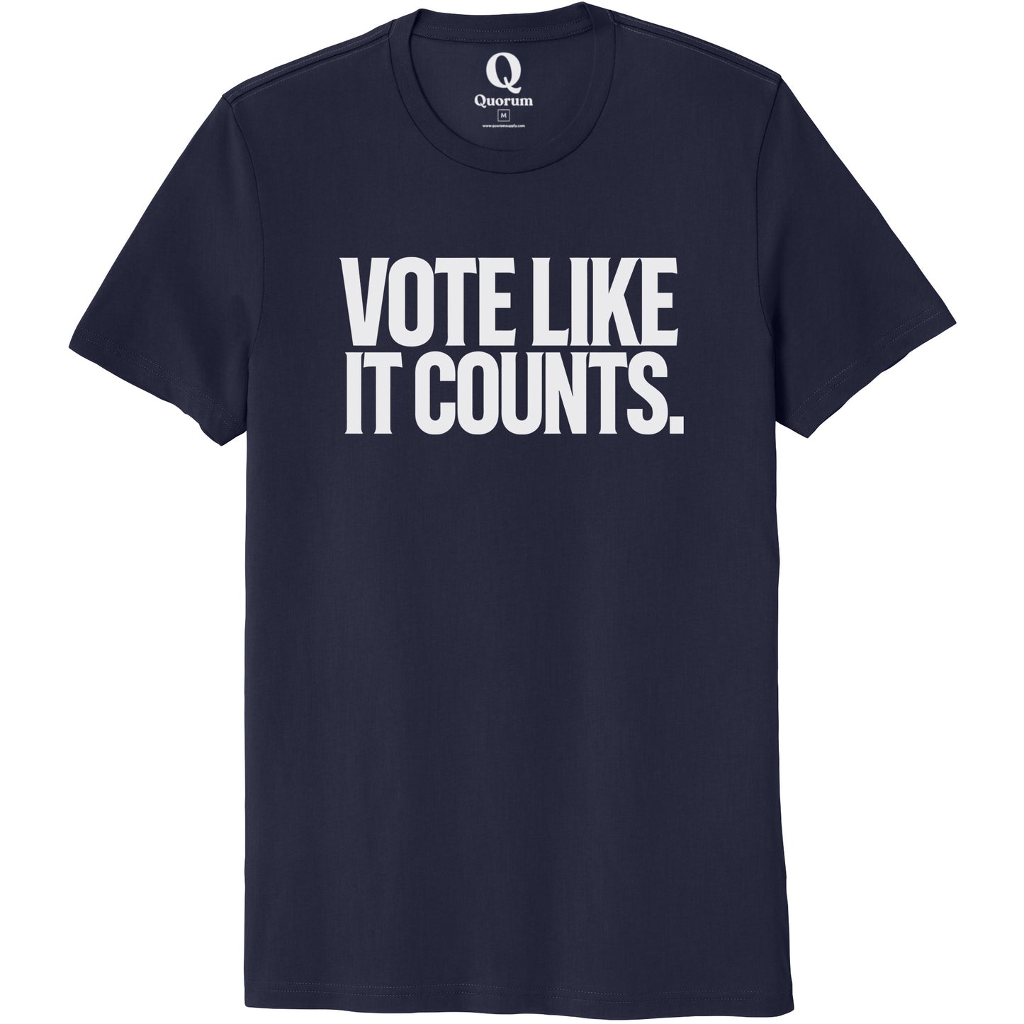"Vote like it counts." Quorum Unisex 100% Organic Cotton Tee editorial print in Night Sky Navy