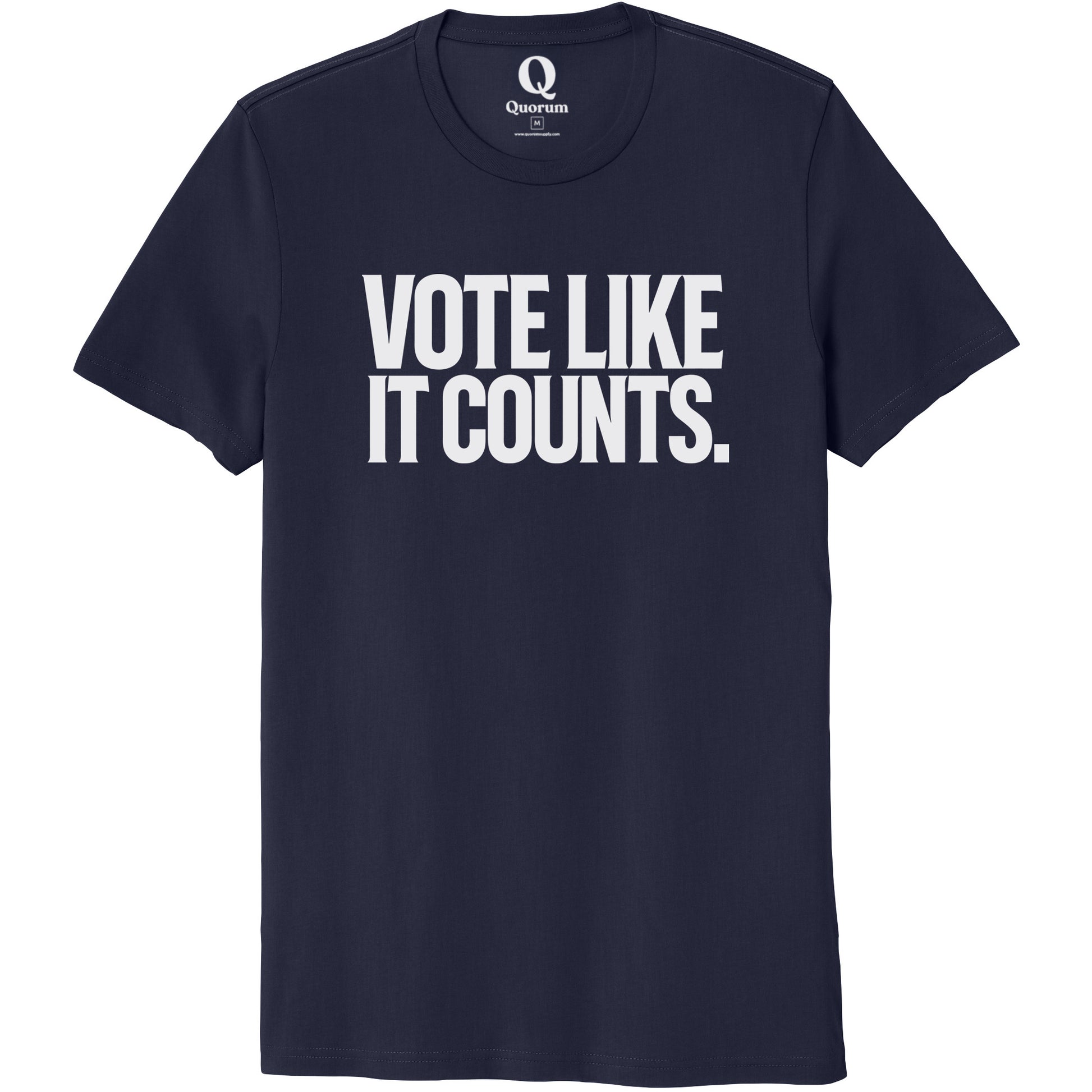 "Vote like it counts." Quorum Unisex 100% Organic Cotton Tee editorial print in Night Sky Navy