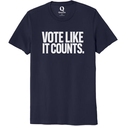 "Vote like it counts." Quorum Unisex 100% Organic Cotton Tee editorial print in Night Sky Navy