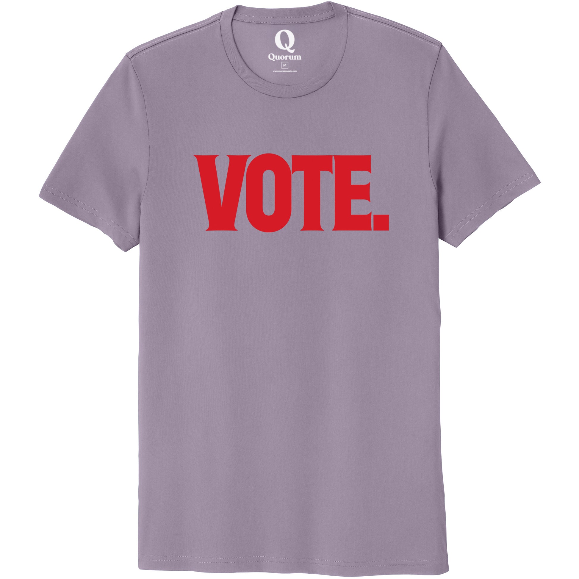 "Vote." Quorum Unisex 100% Organic Cotton Tee front print in Cosmic Purple