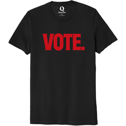"Vote." Quorum Unisex 100% Organic Cotton Tee front print in Deep Black