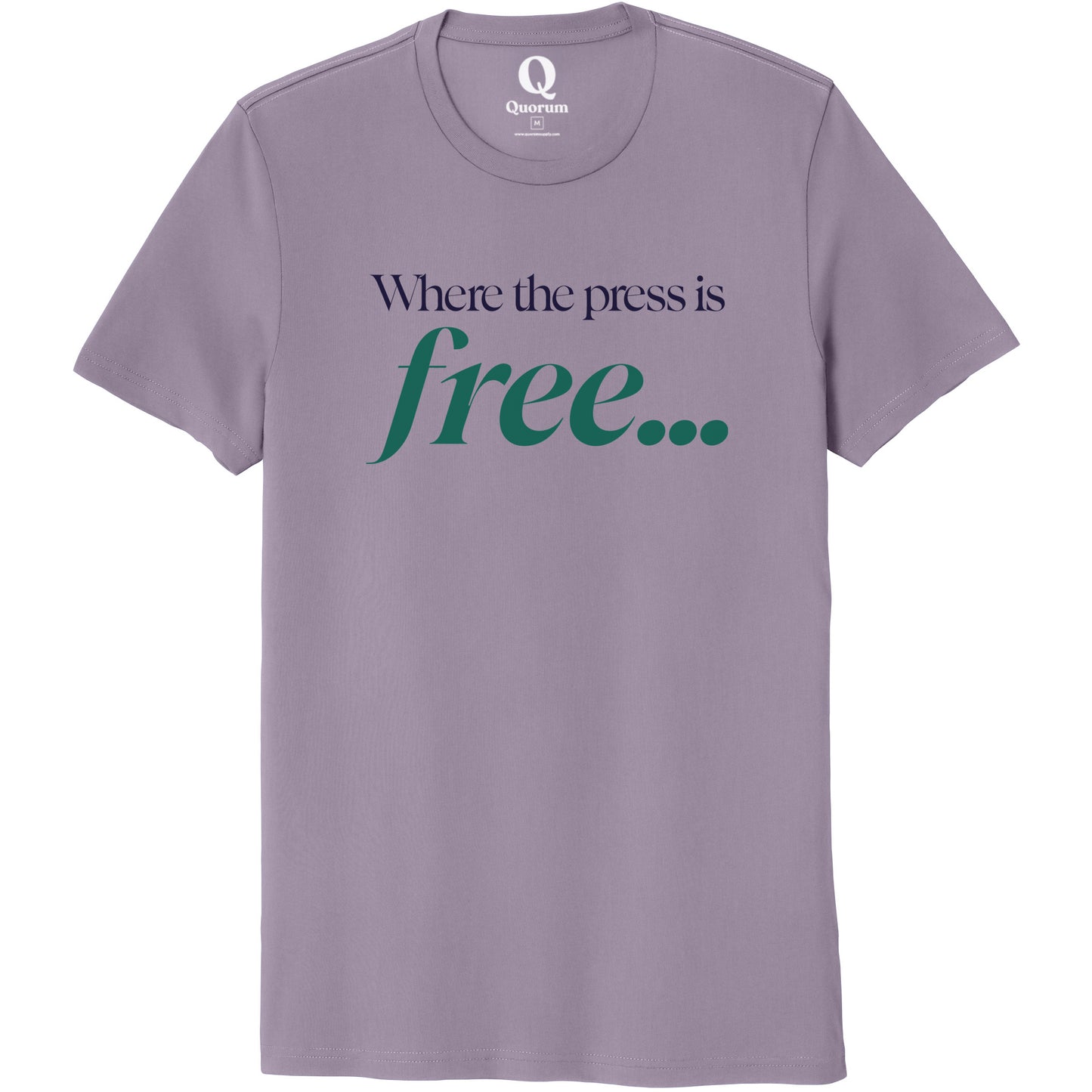 "Where the press is free." Quorum Unisex 100% Organic Cotton Tee front print in Cosmic Purple