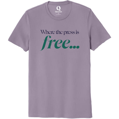 "Where the press is free." Quorum Unisex 100% Organic Cotton Tee front print in Cosmic Purple
