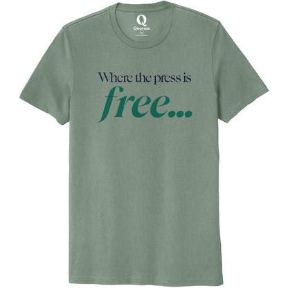 "Where the press is free." Quorum Unisex 100% Organic Cotton Tee front print in Matcha Green