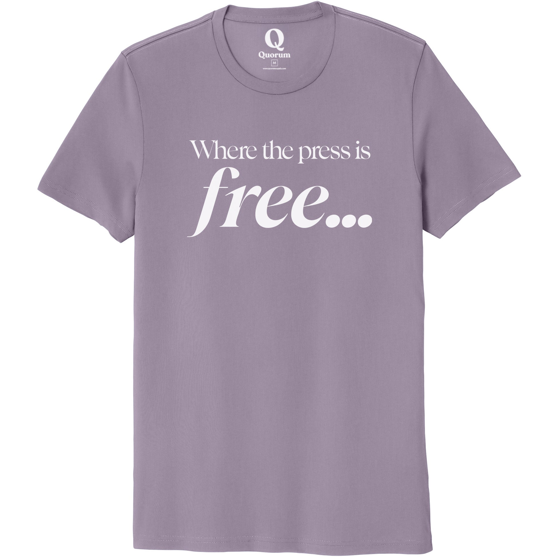 "Where the press is free." Quorum Unisex 100% Organic Cotton Tee editorial print in Cosmic Purple
