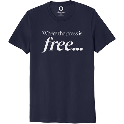 "Where the press is free." Quorum Unisex 100% Organic Cotton Tee editorial print in Night Sky Navy