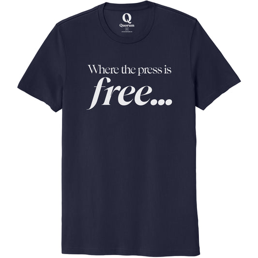"Where the press is free." Quorum Unisex 100% Organic Cotton Tee editorial print in Night Sky Navy
