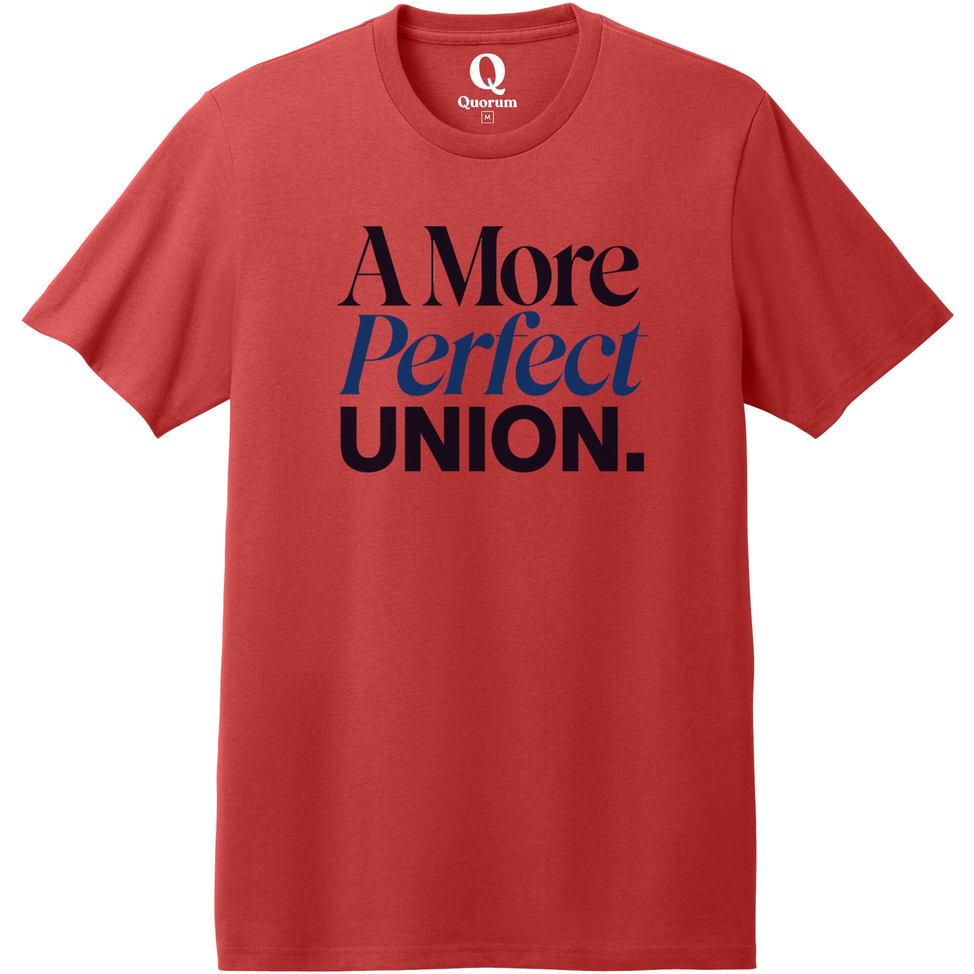 "A More Perfect Union." Quorum Heavyweight Recycled Cotton Tee front print in Beet Red