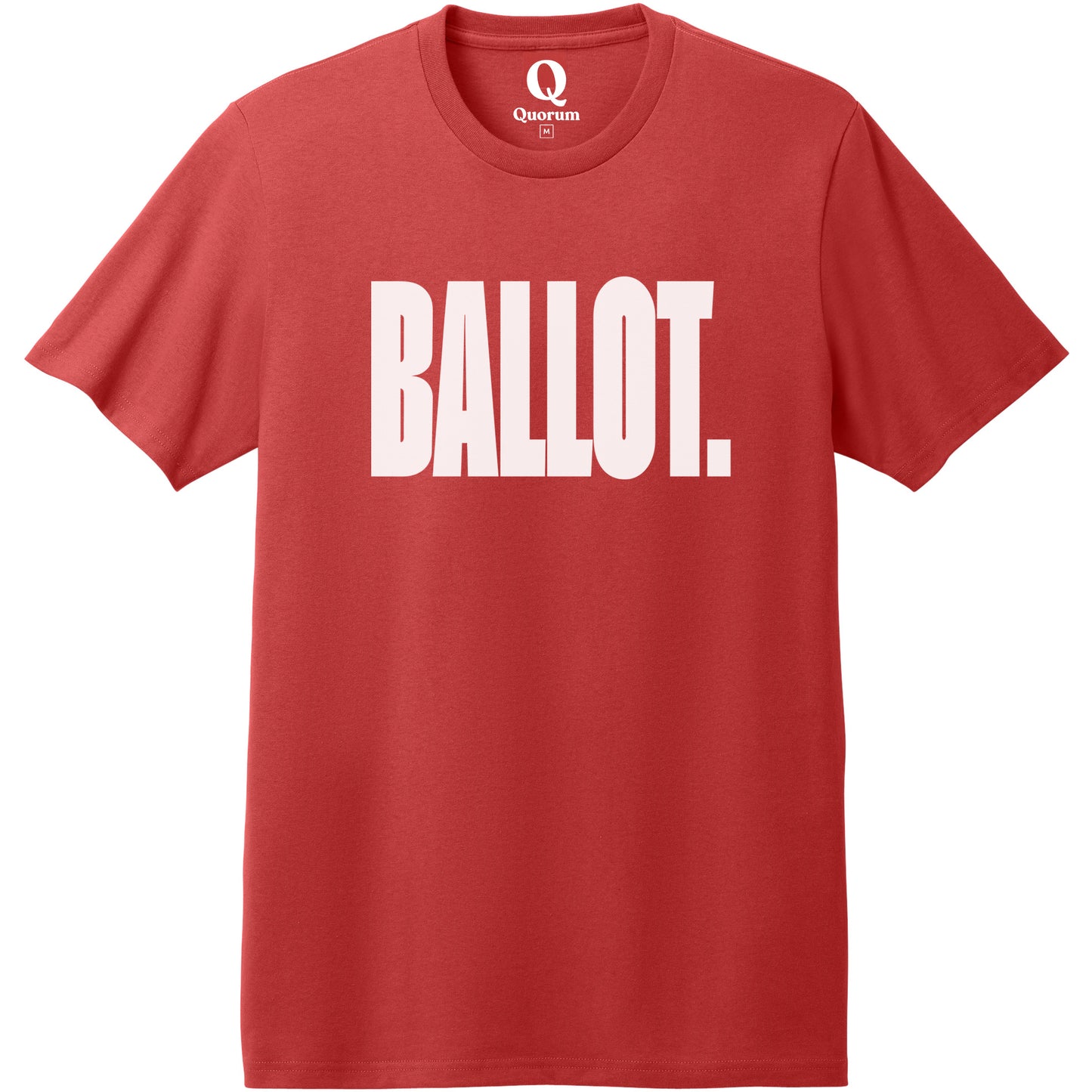 "Ballot." Quorum Heavyweight Recycled Cotton Tee editorial print in Beet Red