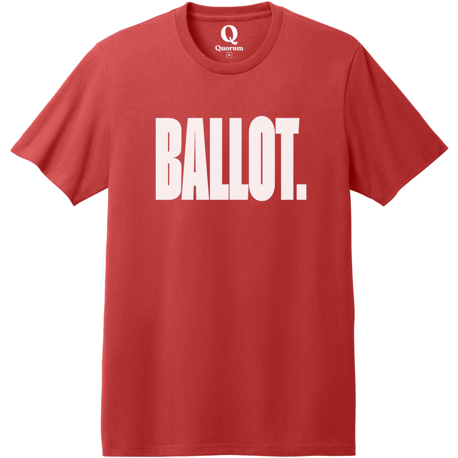"Ballot." Quorum Heavyweight Recycled Cotton Tee editorial print in Beet Red