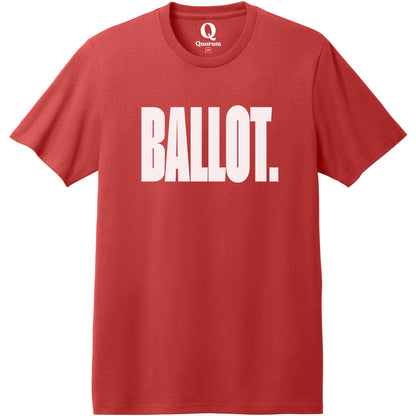 "Ballot." Quorum Heavyweight Recycled Cotton Tee editorial print in Beet Red