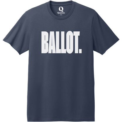 "Ballot." Quorum Heavyweight Recycled Cotton Tee editorial print in Night Sky Navy