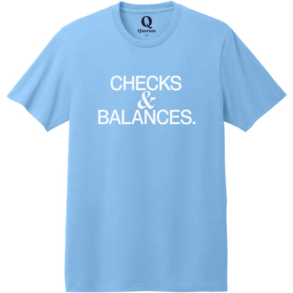 "Checks & Balances." Quorum Heavyweight Recycled Cotton Tee editorial print in Arctic Blue