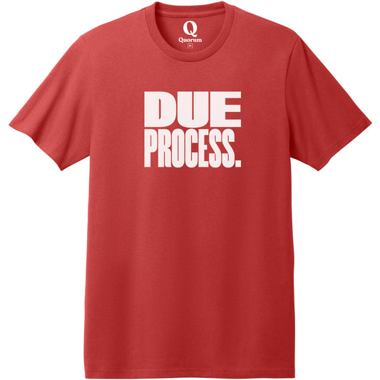 "Due Process." Quorum Heavyweight Recycled Cotton Tee editorial print in Beet Red