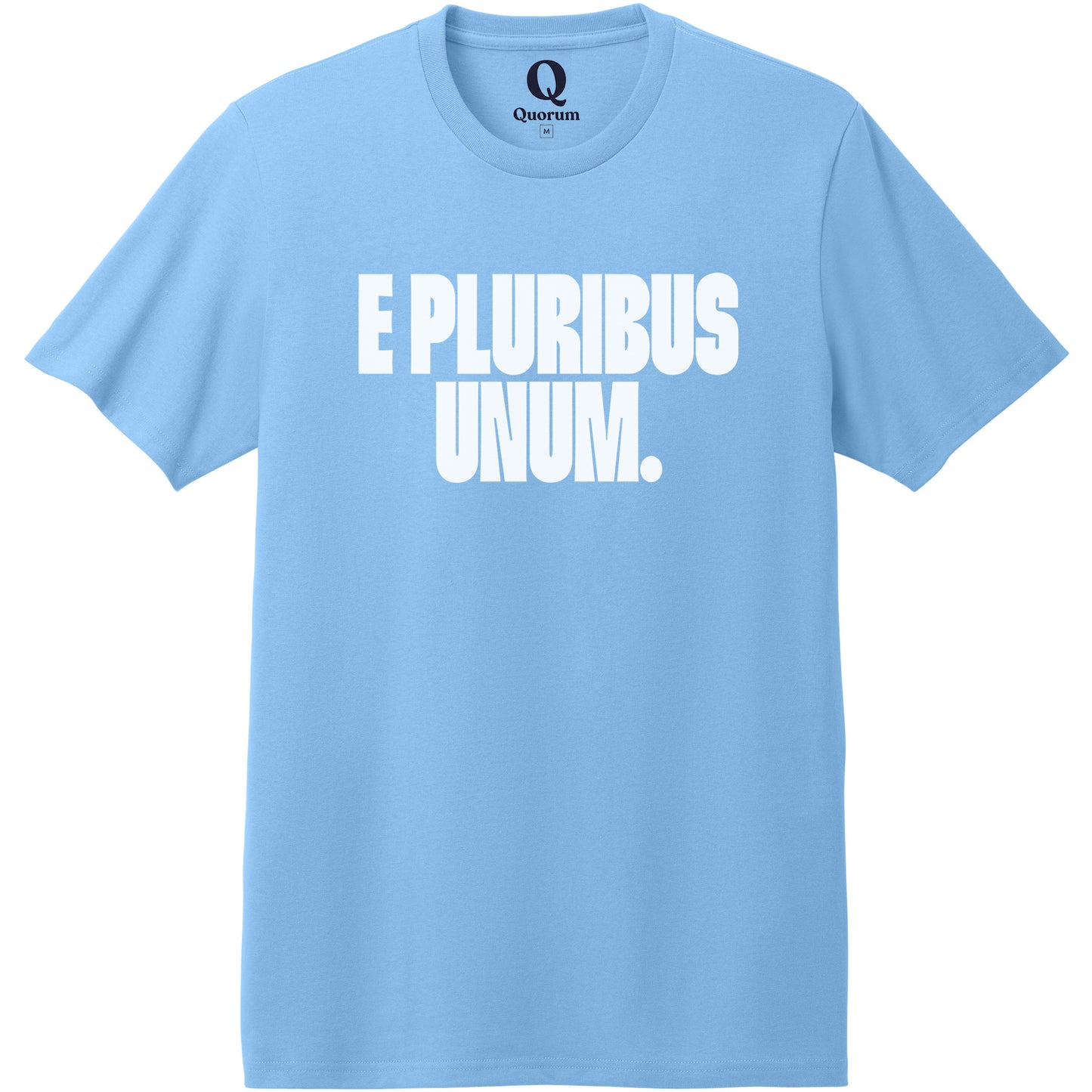 "E Pluribus Unum." Quorum Heavyweight Recycled Cotton Tee editorial print in Arctic Blue