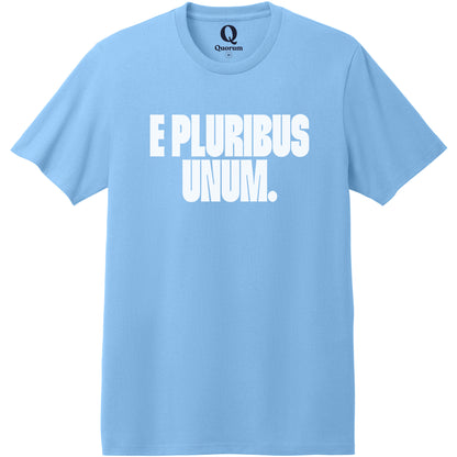 "E Pluribus Unum." Quorum Heavyweight Recycled Cotton Tee editorial print in Arctic Blue