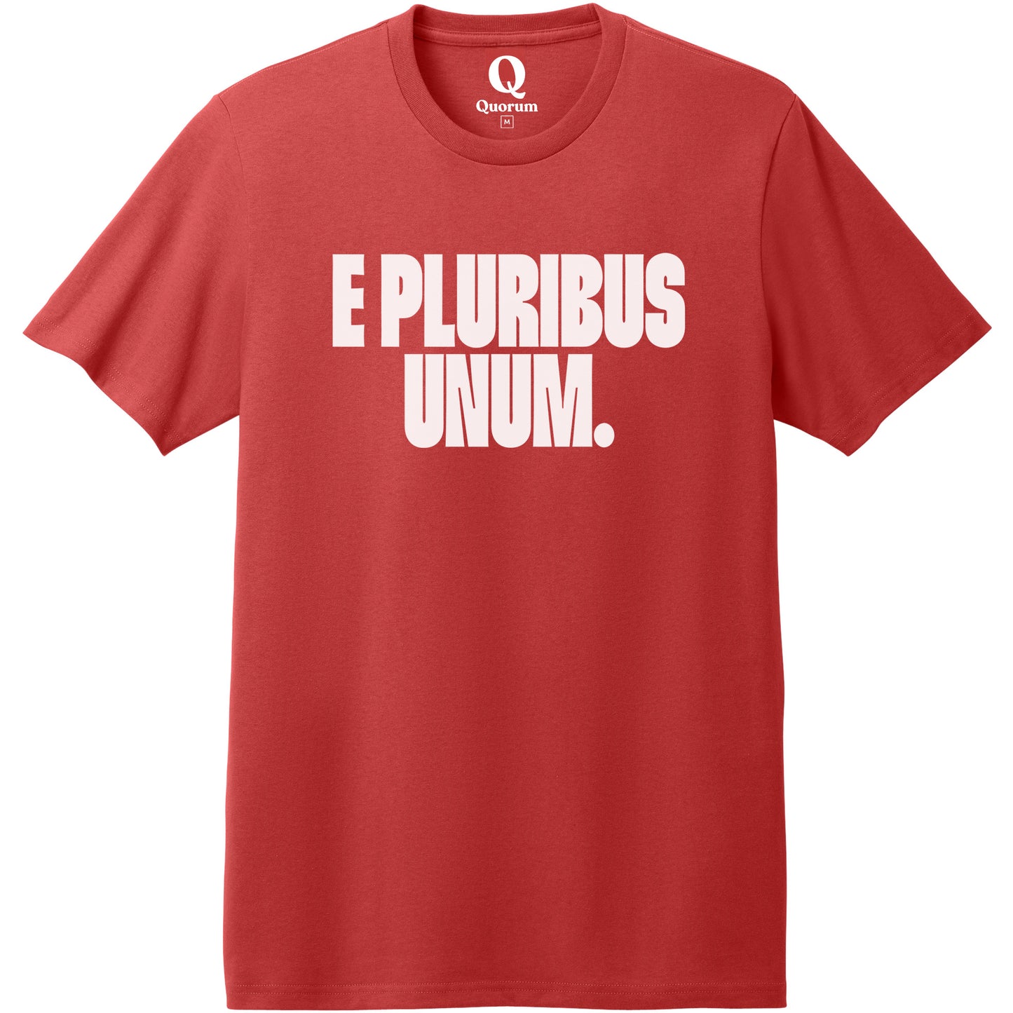 "E Pluribus Unum." Quorum Heavyweight Recycled Cotton Tee editorial print in Beet Red