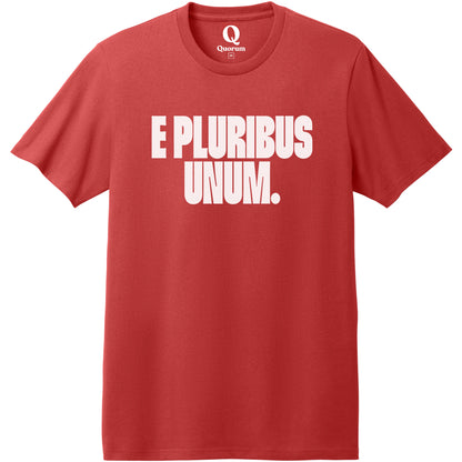 "E Pluribus Unum." Quorum Heavyweight Recycled Cotton Tee editorial print in Beet Red