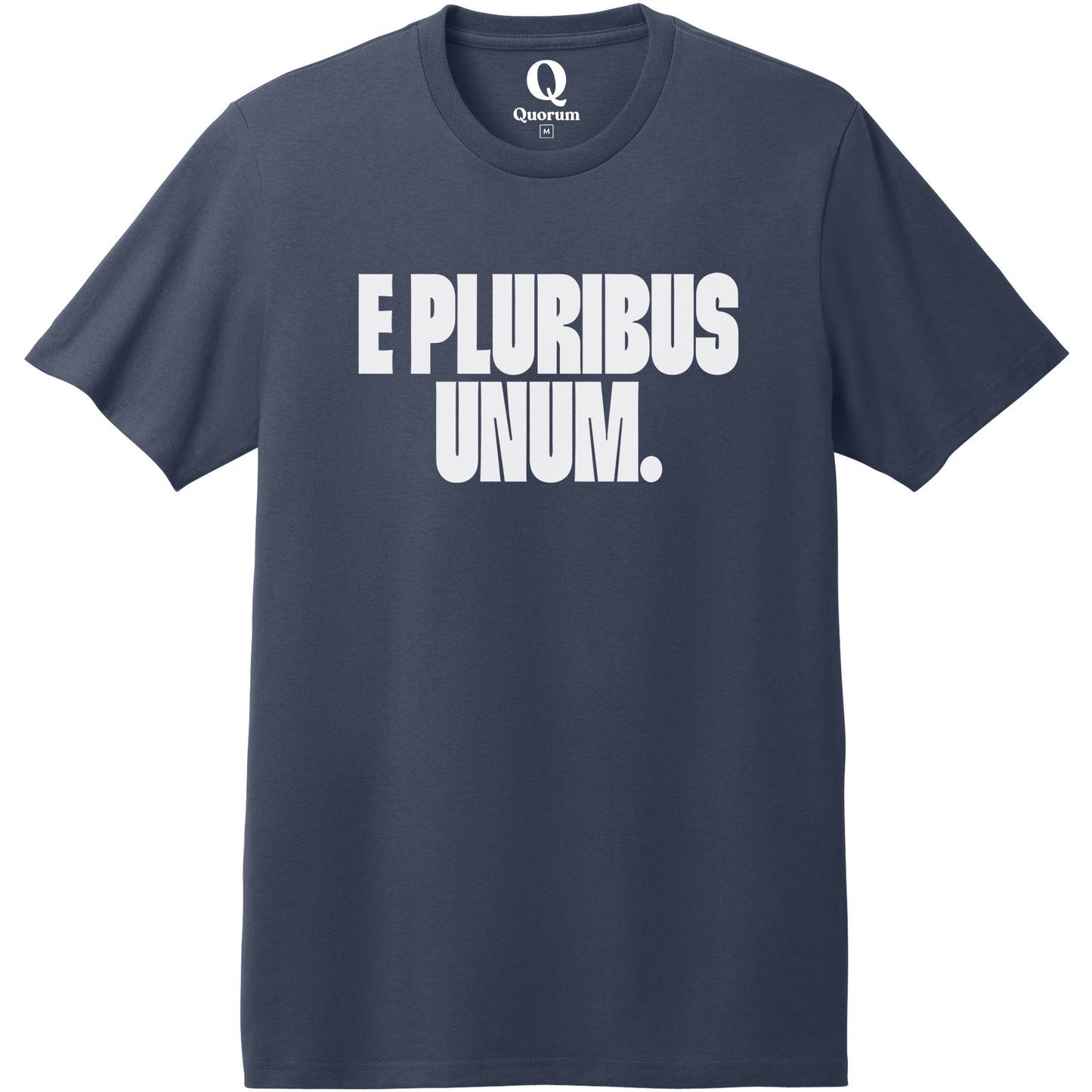 "E Pluribus Unum." Quorum Heavyweight Recycled Cotton Tee editorial print in Night Sky Navy