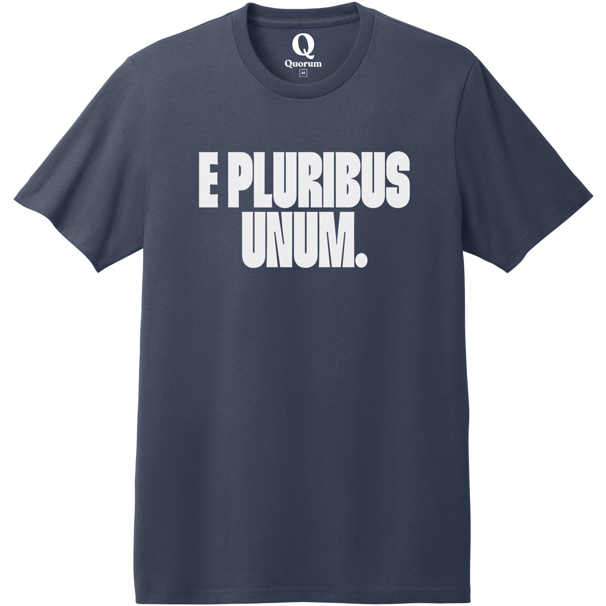 "E Pluribus Unum." Quorum Heavyweight Recycled Cotton Tee editorial print in Night Sky Navy