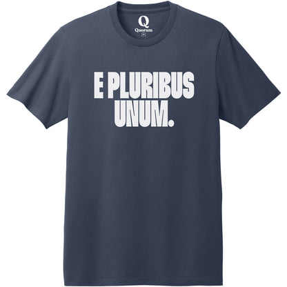 "E Pluribus Unum." Quorum Heavyweight Recycled Cotton Tee editorial print in Night Sky Navy