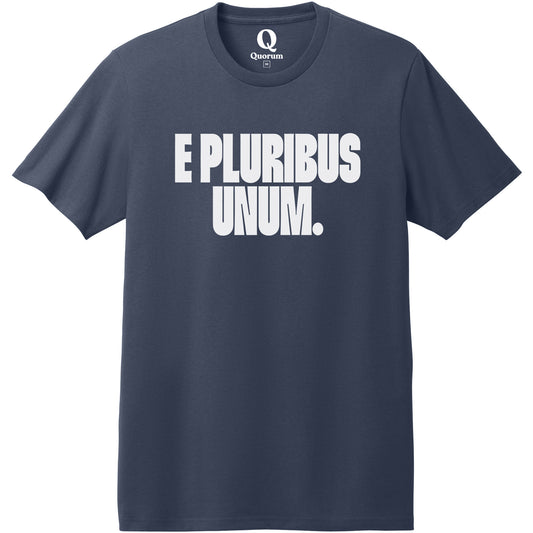 "E Pluribus Unum." Quorum Heavyweight Recycled Cotton Tee editorial print in Night Sky Navy