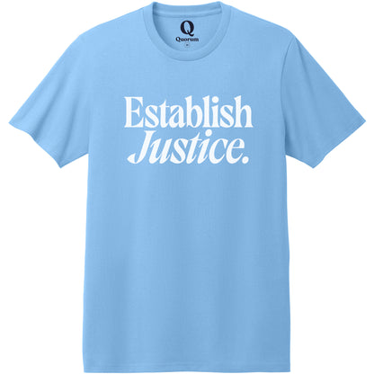 "Establish Justice." Quorum Heavyweight Recycled Cotton Tee editorial print in Arctic Blue